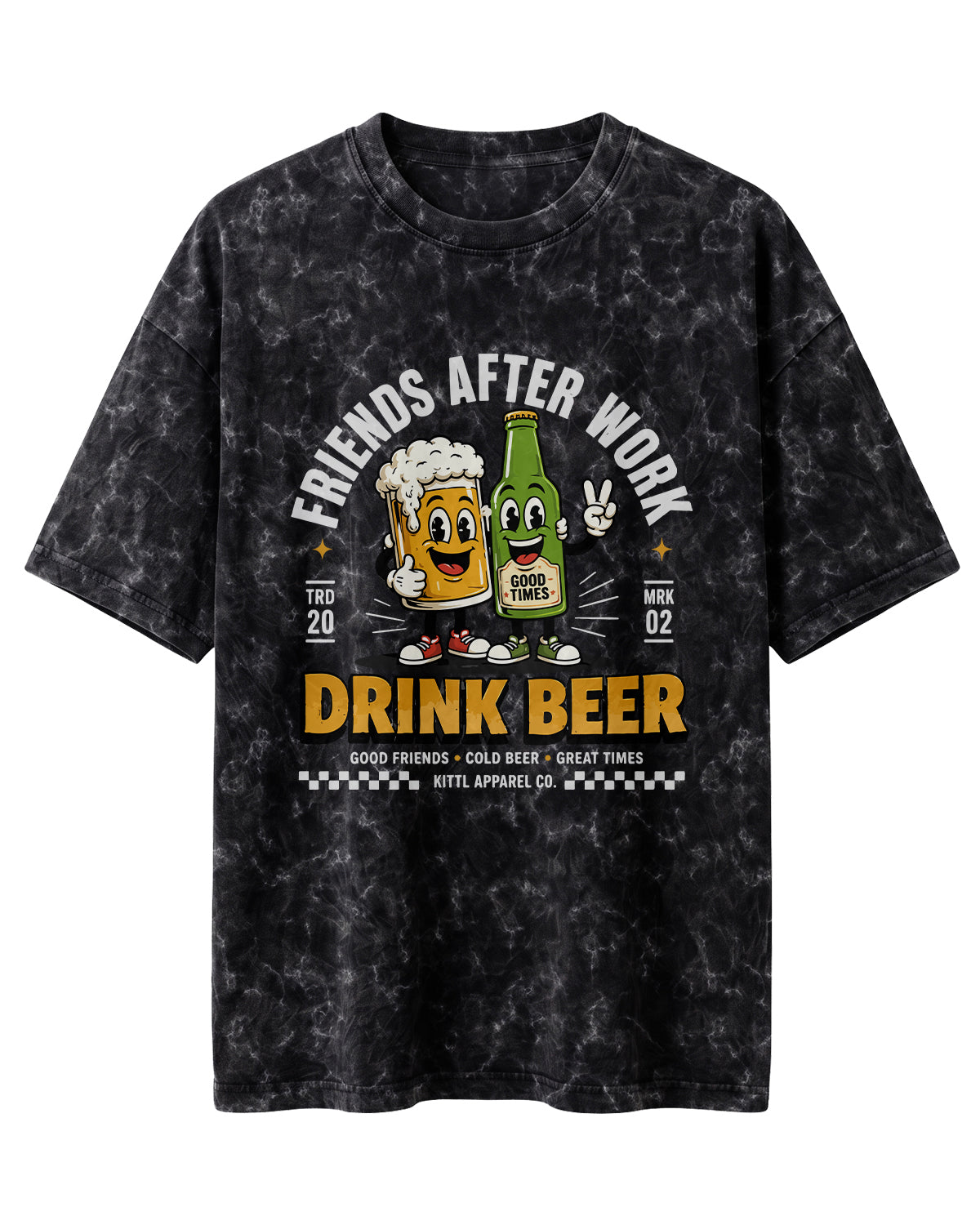 Xenovaurban 240 GSM heavyweight cotton oversized T-shirt featuring a beer mug and beer bottle illustration with the text Friends After Work Drink Beer