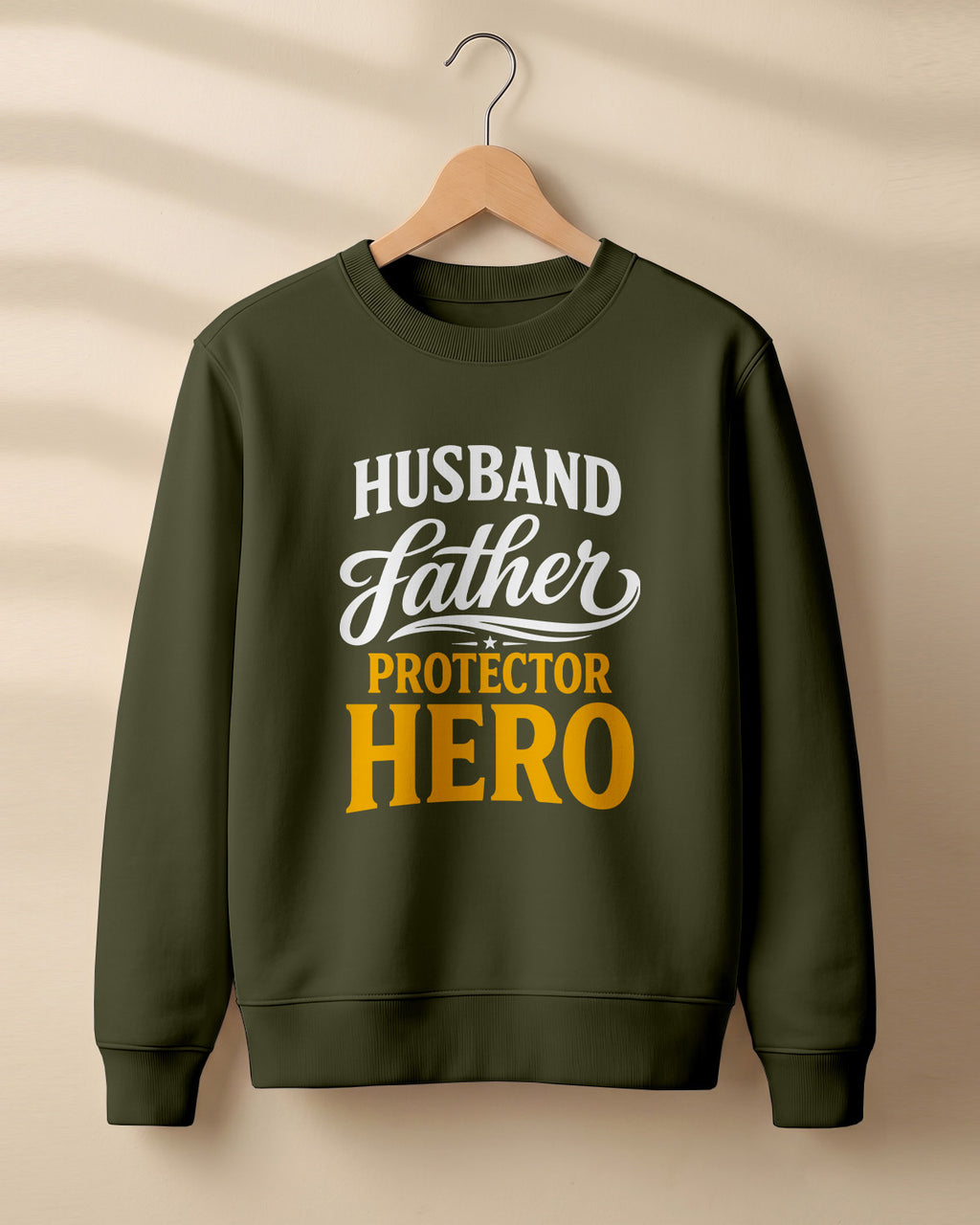 Xenovaurban 300 GSM cotton crewneck sweatshirt featuring Husband Father Protector Hero typography in contrasting lettering