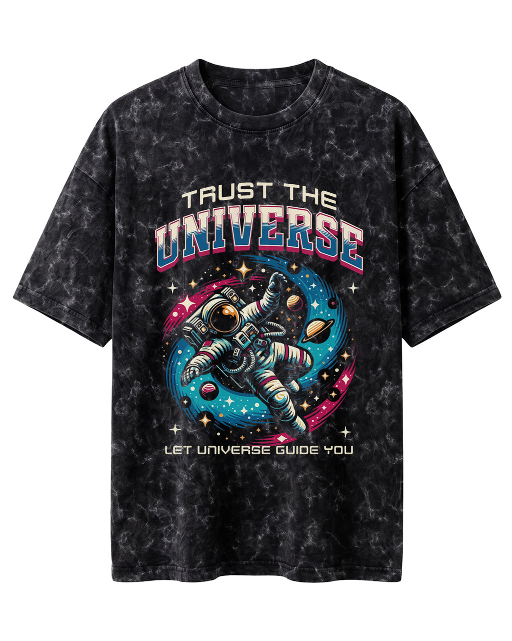 Oversized unisex t-shirt with “Trust The Universe” motivational typography print, crafted from 220 GSM cotton, acid washed.
