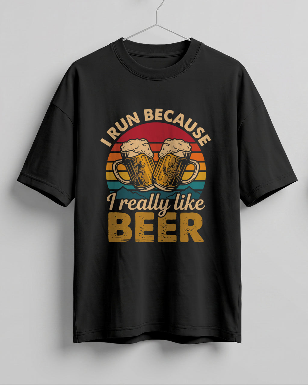 Xenovaurban oversized T-shirt featuring I Run Because I Really Like Beer typography and beer mug graphics