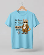 Funny sarcastic graphic t-shirt featuring No Hate No Revenge I Just Delete People quote with stylish cat character wearing sunglasses and streetwear outfit on premium cotton fabric