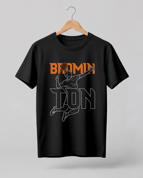 Motivational sports graphic half sleeve t-shirt featuring “Badminton” typography with player outline silhouette printed on premium cotton fabric.