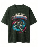Oversized unisex t-shirt with “Trust The Universe” motivational typography print, crafted from 220 GSM cotton, acid washed.