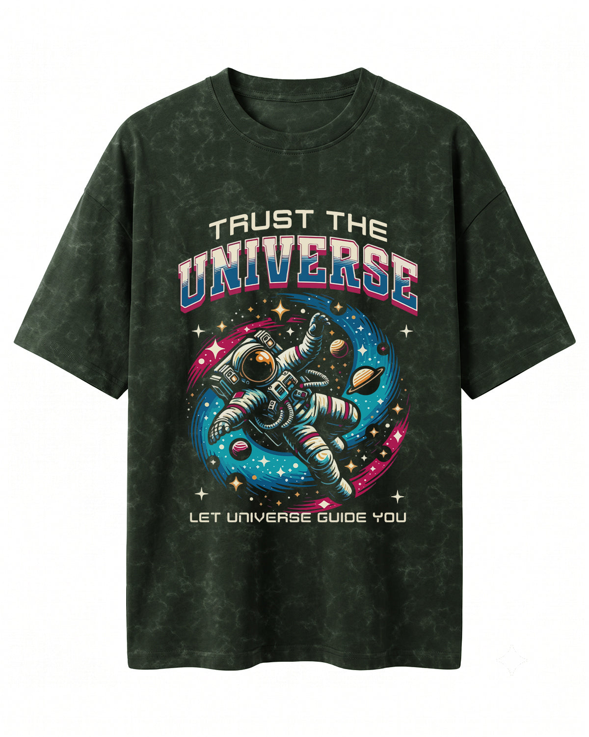 Oversized unisex t-shirt with “Trust The Universe” motivational typography print, crafted from 220 GSM cotton, acid washed.