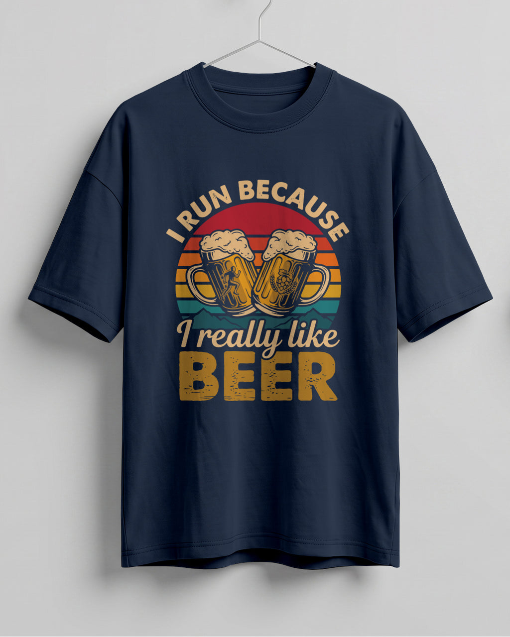 Xenovaurban oversized T-shirt featuring I Run Because I Really Like Beer typography and beer mug graphics