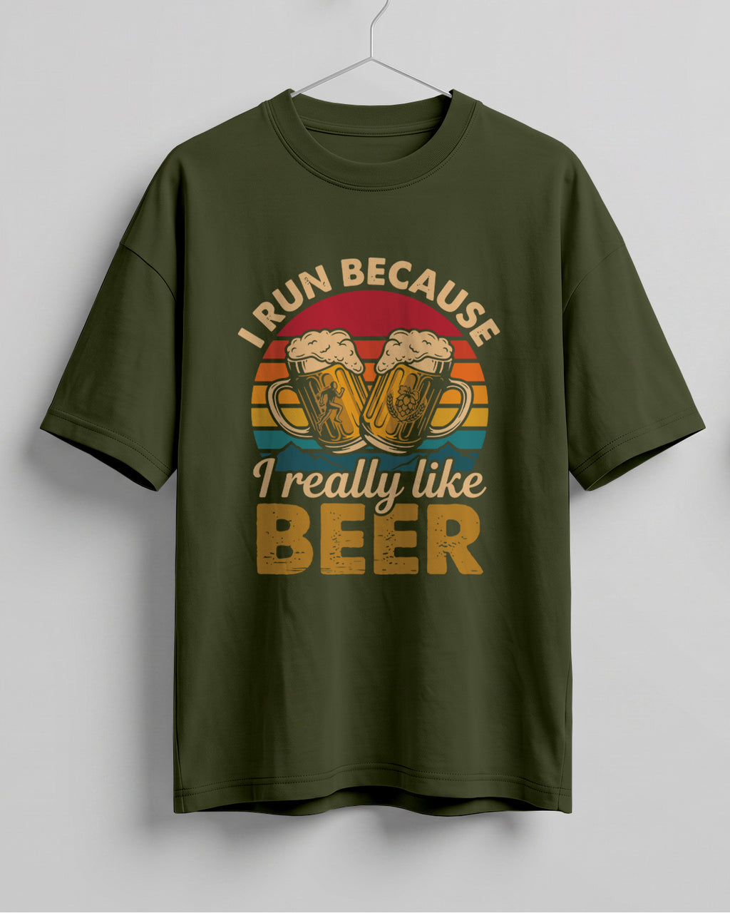 Xenovaurban oversized T-shirt featuring I Run Because I Really Like Beer typography and beer mug graphics