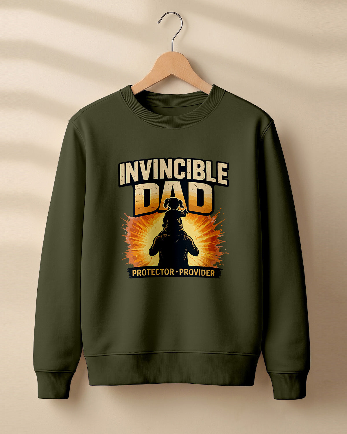 Xenovaurban graphic sweatshirt featuring father and child illustration with “Invincible Dad” and “Protector • Provider” typography.