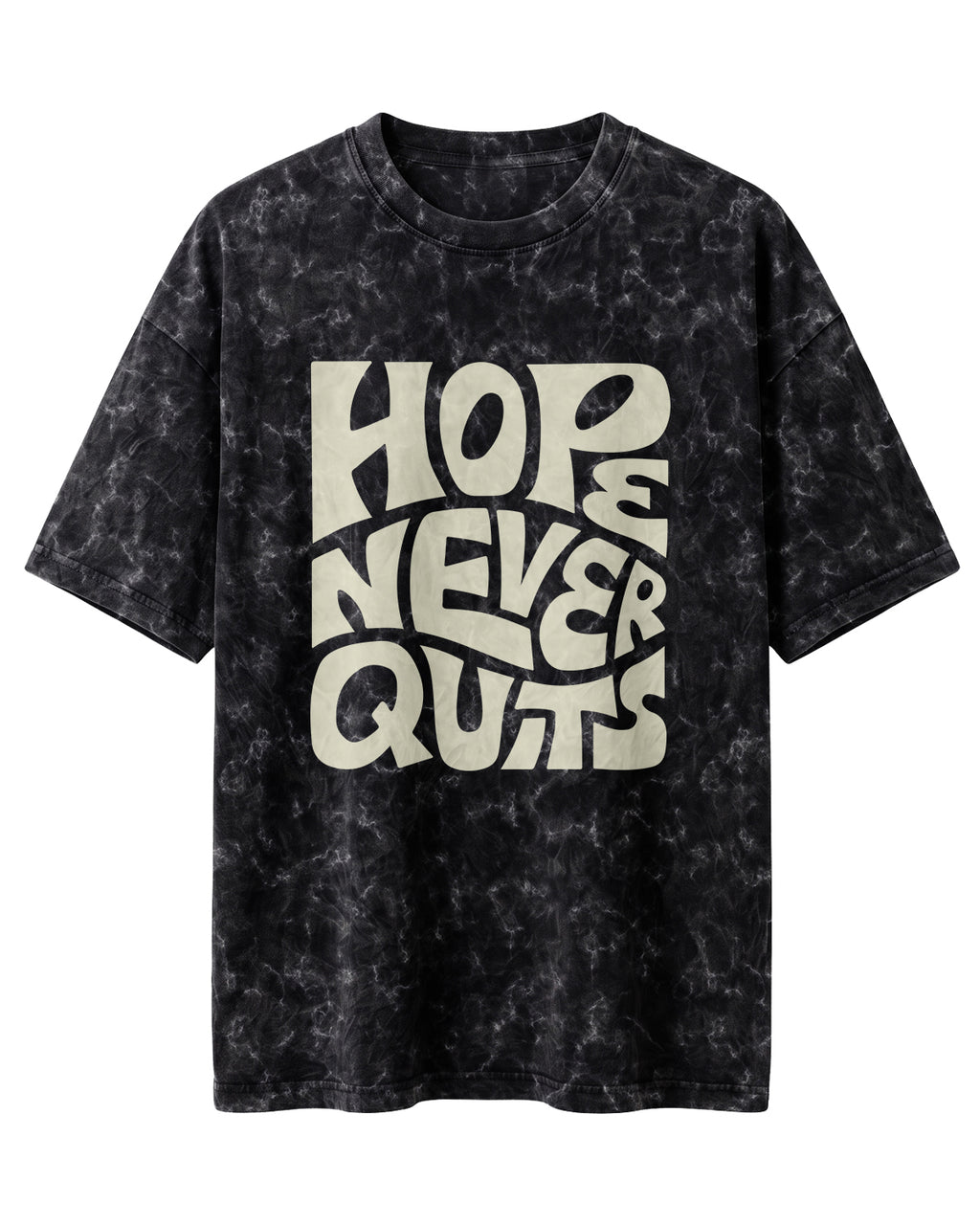 Oversized unisex t-shirt with “Hope Never Quits” motivational typography print, crafted from 220 GSM acid washed cotton.