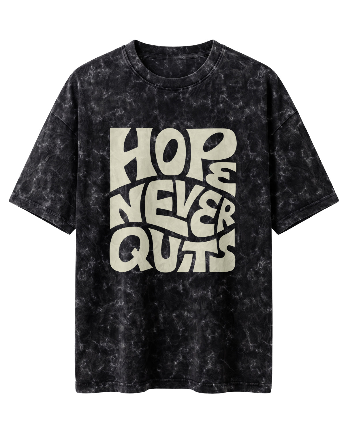 Oversized unisex t-shirt with “Hope Never Quits” motivational typography print, crafted from 220 GSM acid washed cotton.