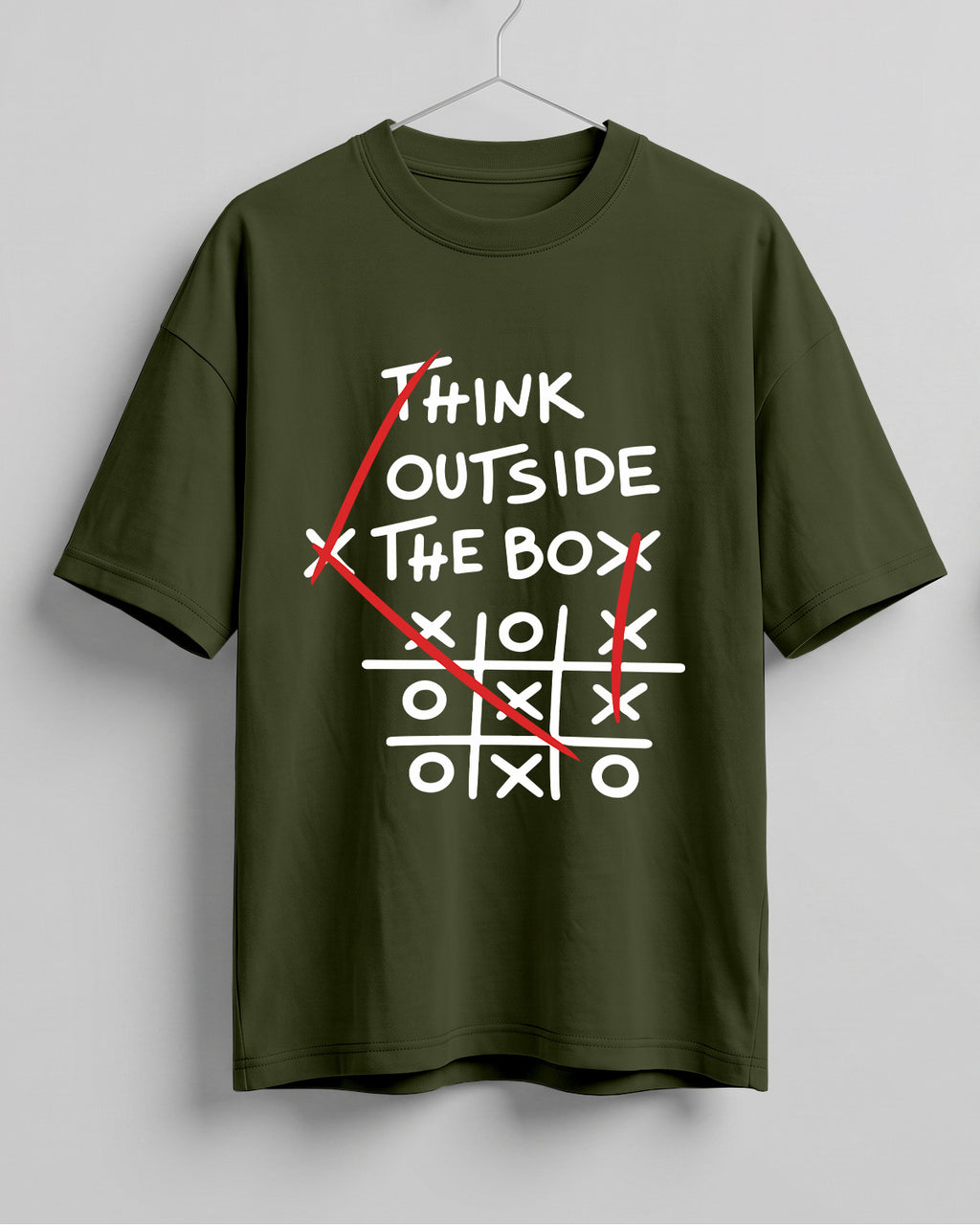 Graphic half sleeve oversized t-shirt featuring Think Outside the Box quote with tic-tac-toe graphic on cotton fabric