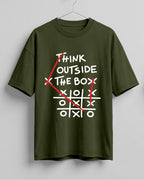 Graphic half sleeve oversized t-shirt featuring Think Outside the Box quote with tic-tac-toe graphic on cotton fabric