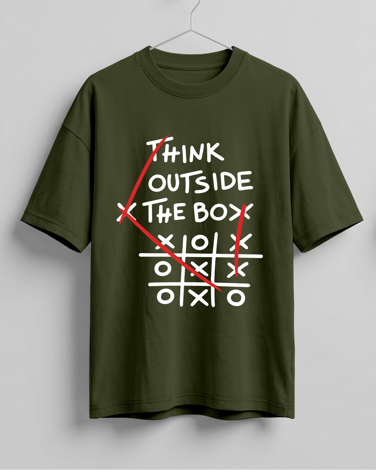 Graphic half sleeve oversized t-shirt featuring Think Outside the Box quote with tic-tac-toe graphic on cotton fabric