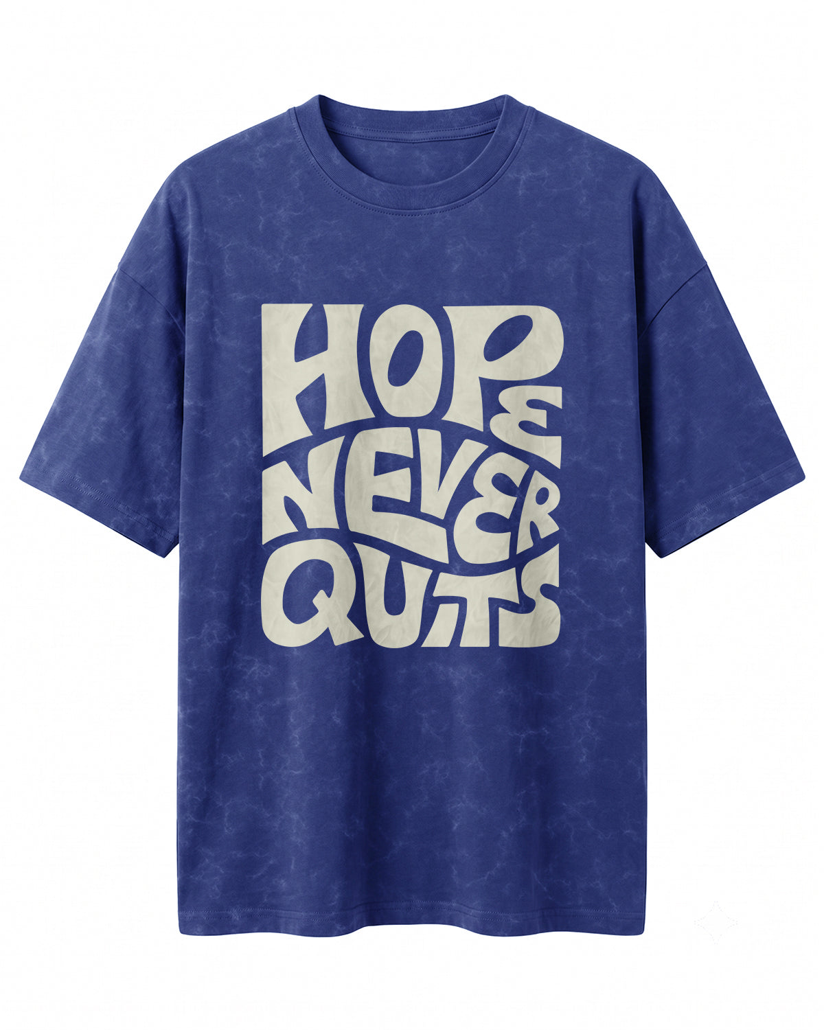 Oversized unisex t-shirt with “Hope Never Quits” motivational typography print, crafted from 220 GSM acid washed cotton.