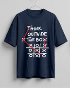 Graphic half sleeve oversized t-shirt featuring Think Outside the Box quote with tic-tac-toe graphic on cotton fabric