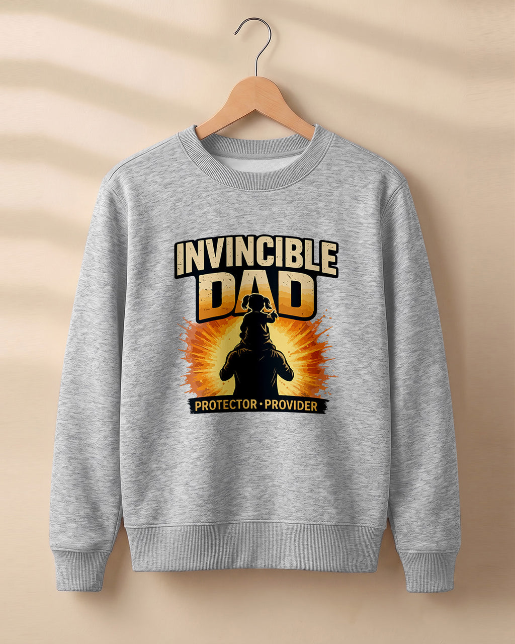 Xenovaurban graphic sweatshirt featuring father and child illustration with “Invincible Dad” and “Protector • Provider” typography.