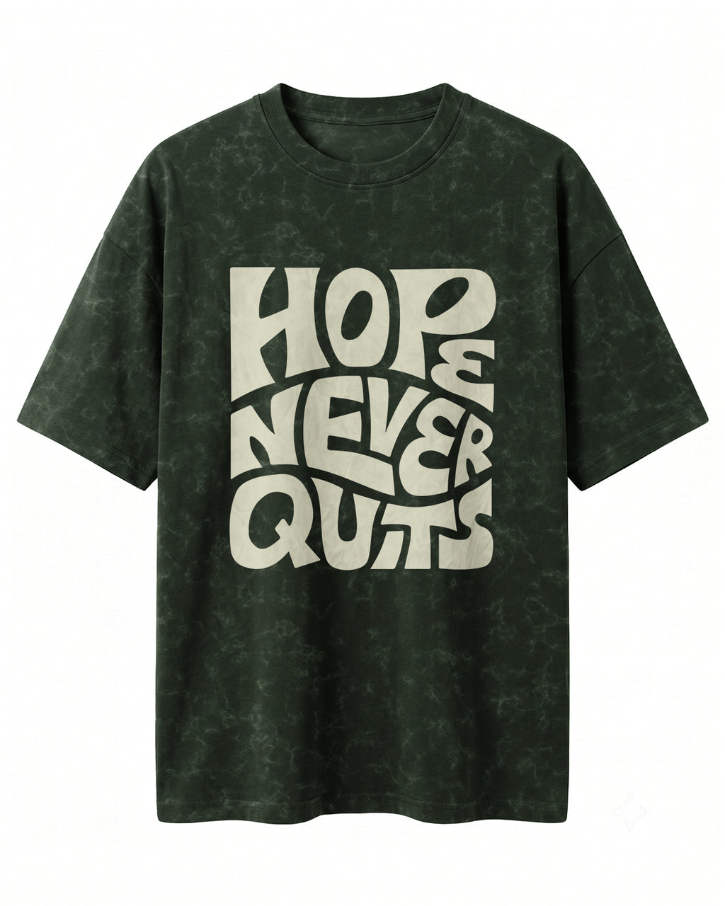 Oversized unisex t-shirt with “Hope Never Quits” motivational typography print, crafted from 220 GSM acid washed cotton.