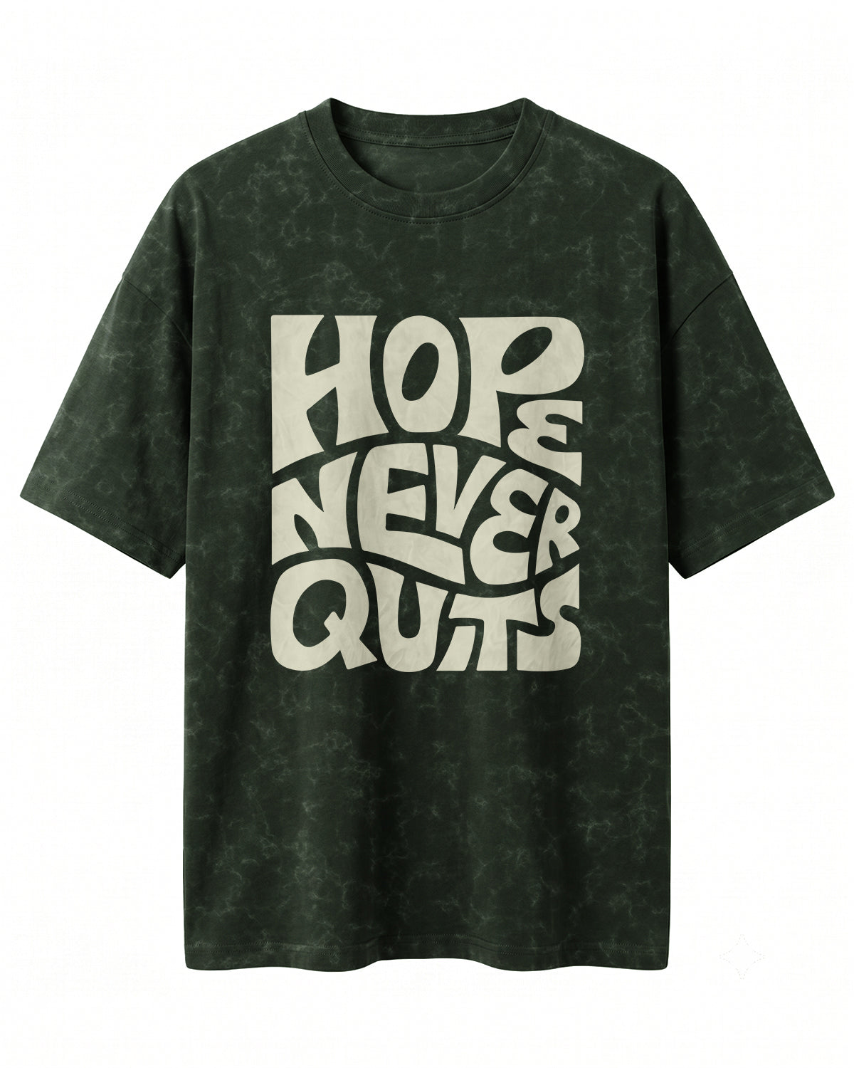 Oversized unisex t-shirt with “Hope Never Quits” motivational typography print, crafted from 220 GSM acid washed cotton.