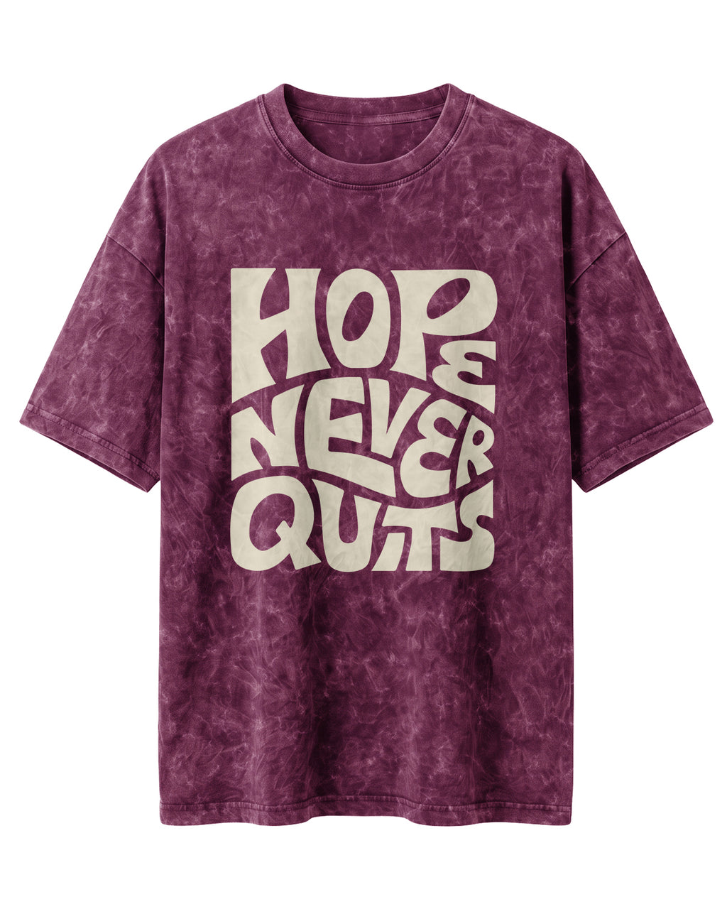 Oversized unisex t-shirt with “Hope Never Quits” motivational typography print, crafted from 220 GSM acid washed cotton.