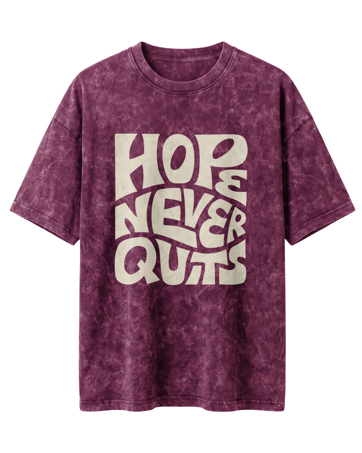 Oversized unisex t-shirt with “Hope Never Quits” motivational typography print, crafted from 220 GSM acid washed cotton.