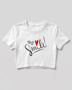 Motivational graphic crop top featuring You Make Me Smile typography design with heart graphic on cotton fabric