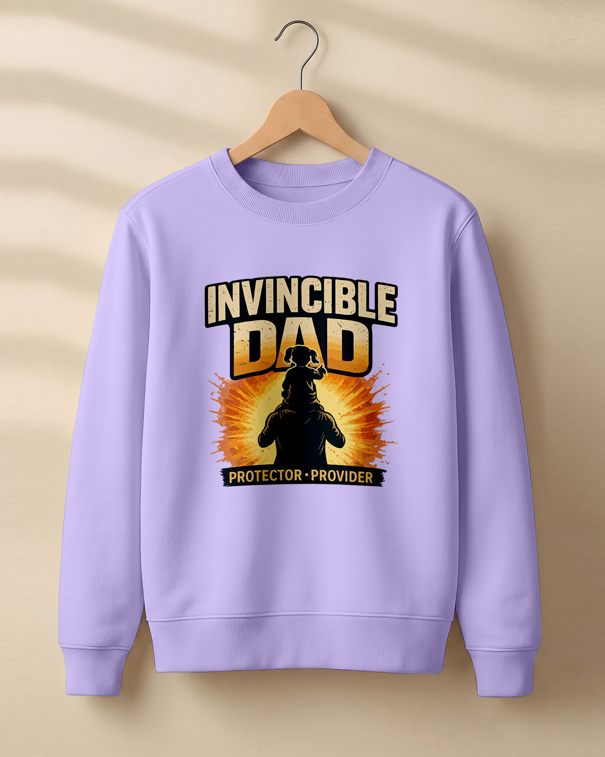 Xenovaurban graphic sweatshirt featuring father and child illustration with “Invincible Dad” and “Protector • Provider” typography.