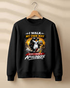 Sarcastic graphic sweatshirt featuring cool penguin artwork with I Walk My Own Way and I Don't Apologize quote printed on premium cotton fabric