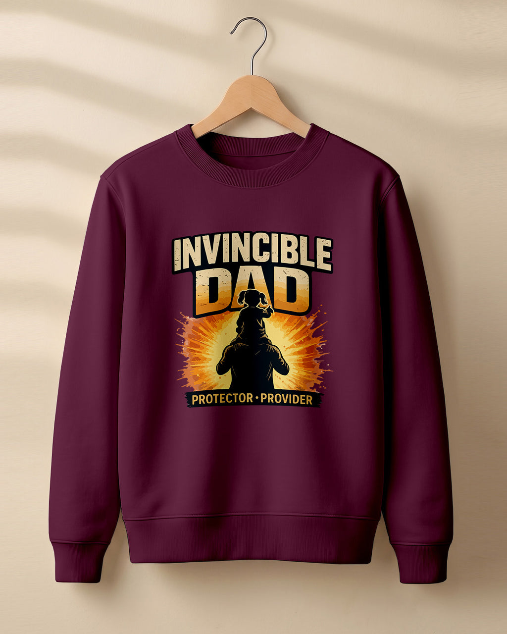 Xenovaurban graphic sweatshirt featuring father and child illustration with “Invincible Dad” and “Protector • Provider” typography.
