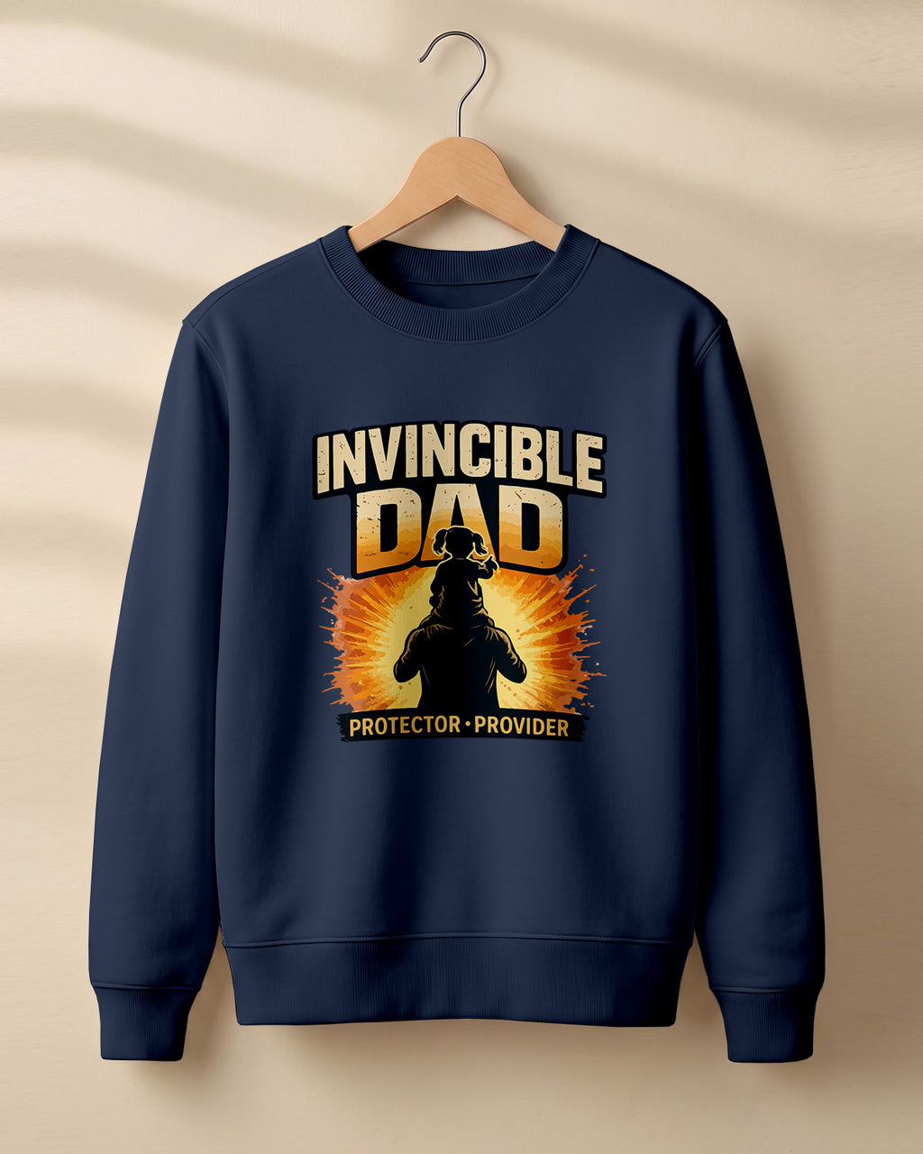 Xenovaurban graphic sweatshirt featuring father and child illustration with “Invincible Dad” and “Protector • Provider” typography.