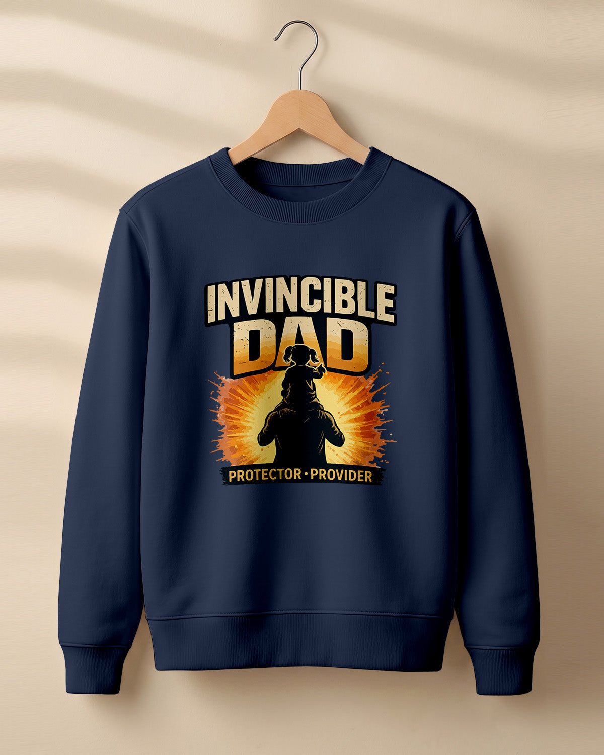 Xenovaurban graphic sweatshirt featuring father and child illustration with “Invincible Dad” and “Protector • Provider” typography.