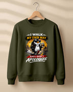 Sarcastic graphic sweatshirt featuring cool penguin artwork with I Walk My Own Way and I Don't Apologize quote printed on premium cotton fabric