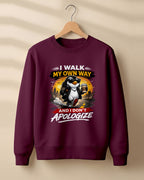 Sarcastic graphic sweatshirt featuring cool penguin artwork with I Walk My Own Way and I Don't Apologize quote printed on premium cotton fabric