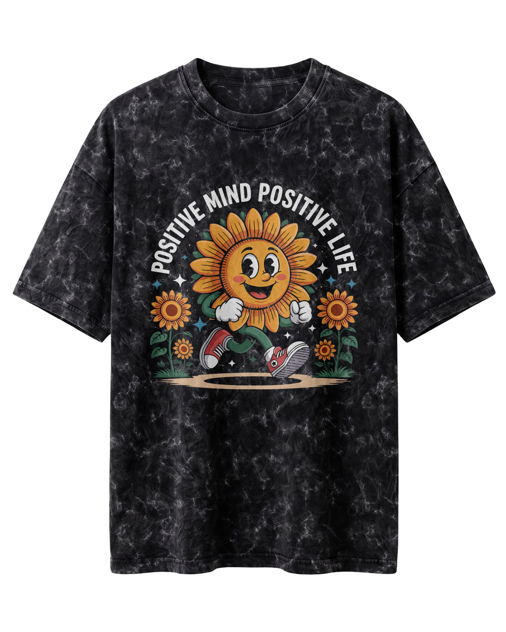 Motivational graphic oversized t-shirt featuring Positive Mind Positive Life typography design on acid washed cotton fabric