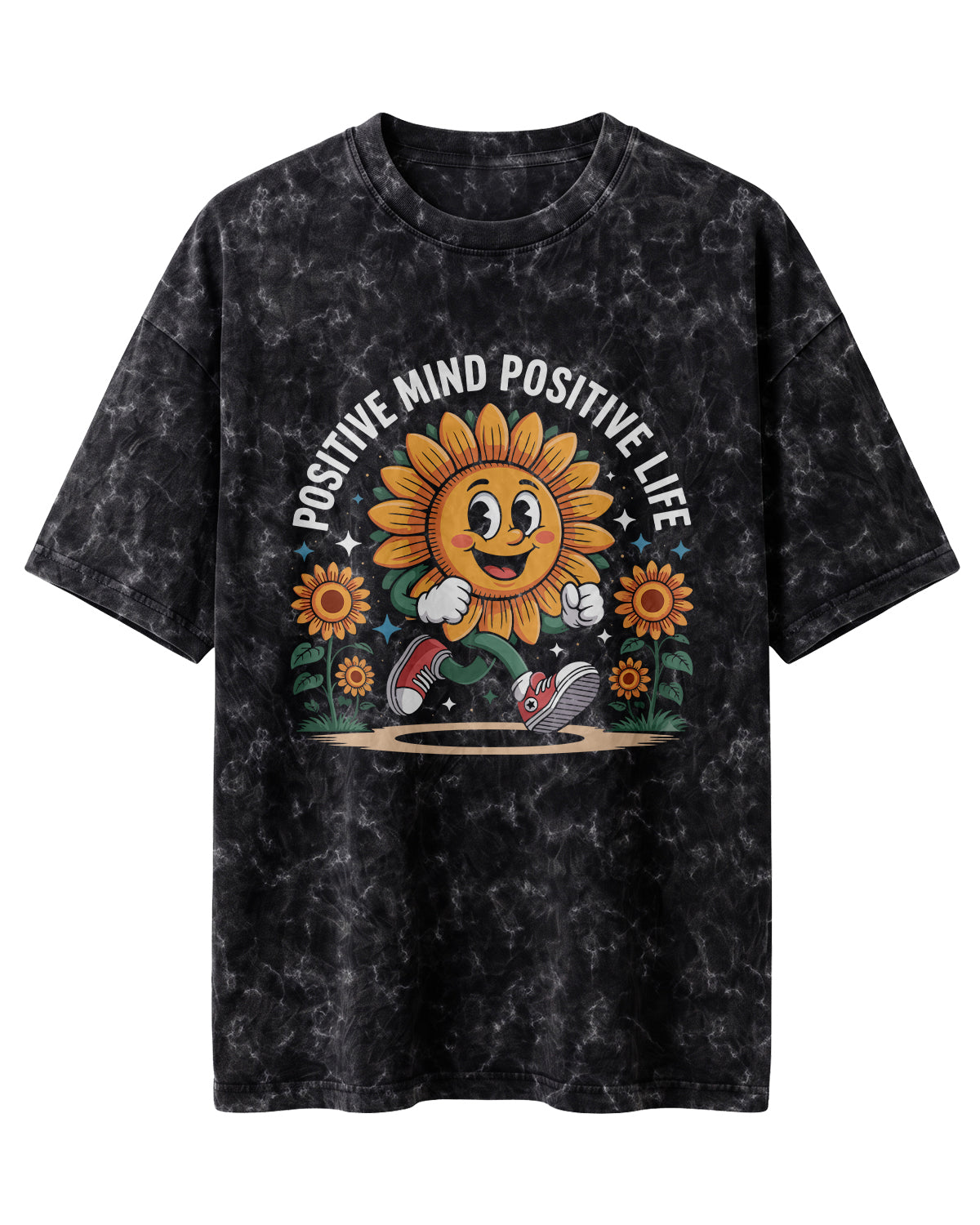 Motivational graphic oversized t-shirt featuring Positive Mind Positive Life typography design on acid washed cotton fabric