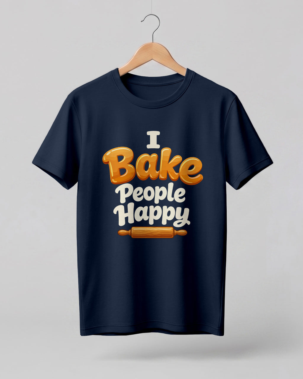 Foodie graphic half sleeve t-shirt featuring “I Bake People Happy” typography with rolling pin illustration printed on premium cotton fabric.