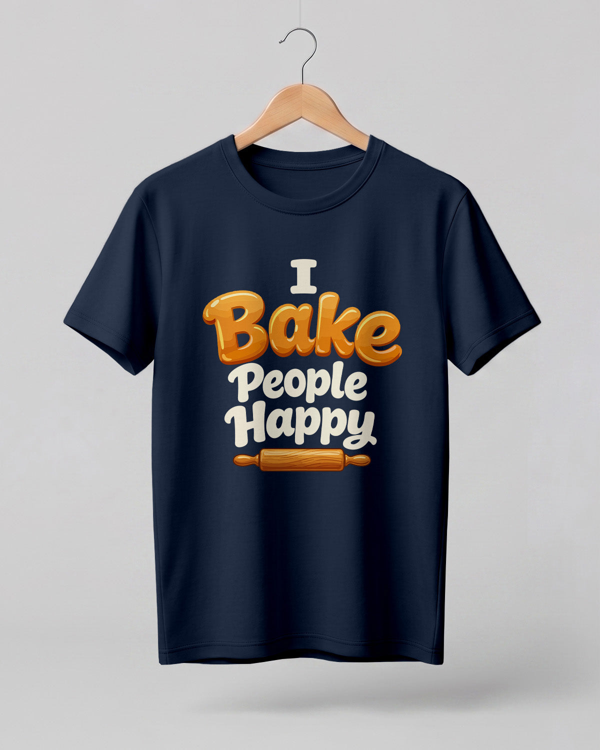 Foodie graphic half sleeve t-shirt featuring “I Bake People Happy” typography with rolling pin illustration printed on premium cotton fabric.