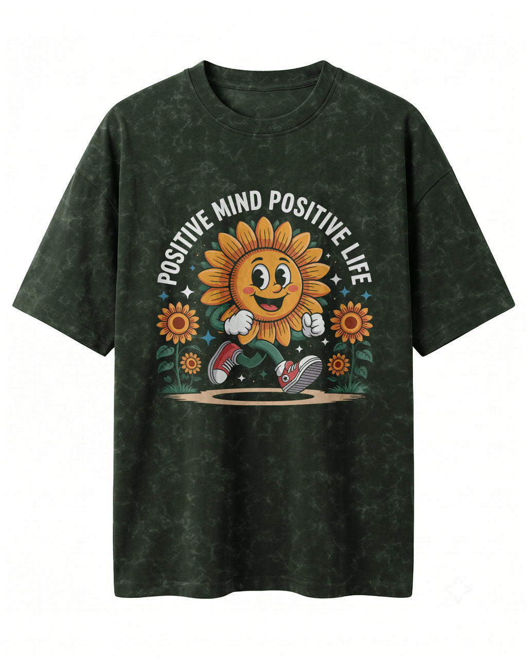Motivational graphic oversized t-shirt featuring Positive Mind Positive Life typography design on acid washed cotton fabric