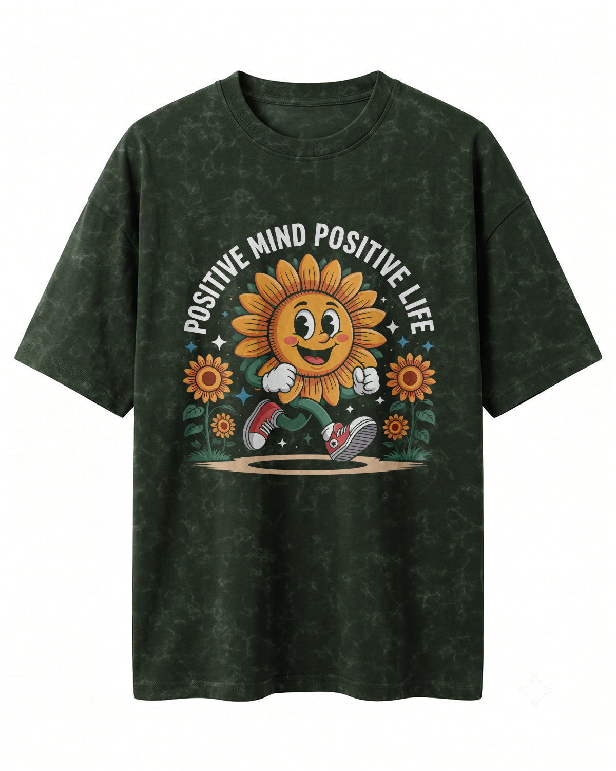 Motivational graphic oversized t-shirt featuring Positive Mind Positive Life typography design on acid washed cotton fabric