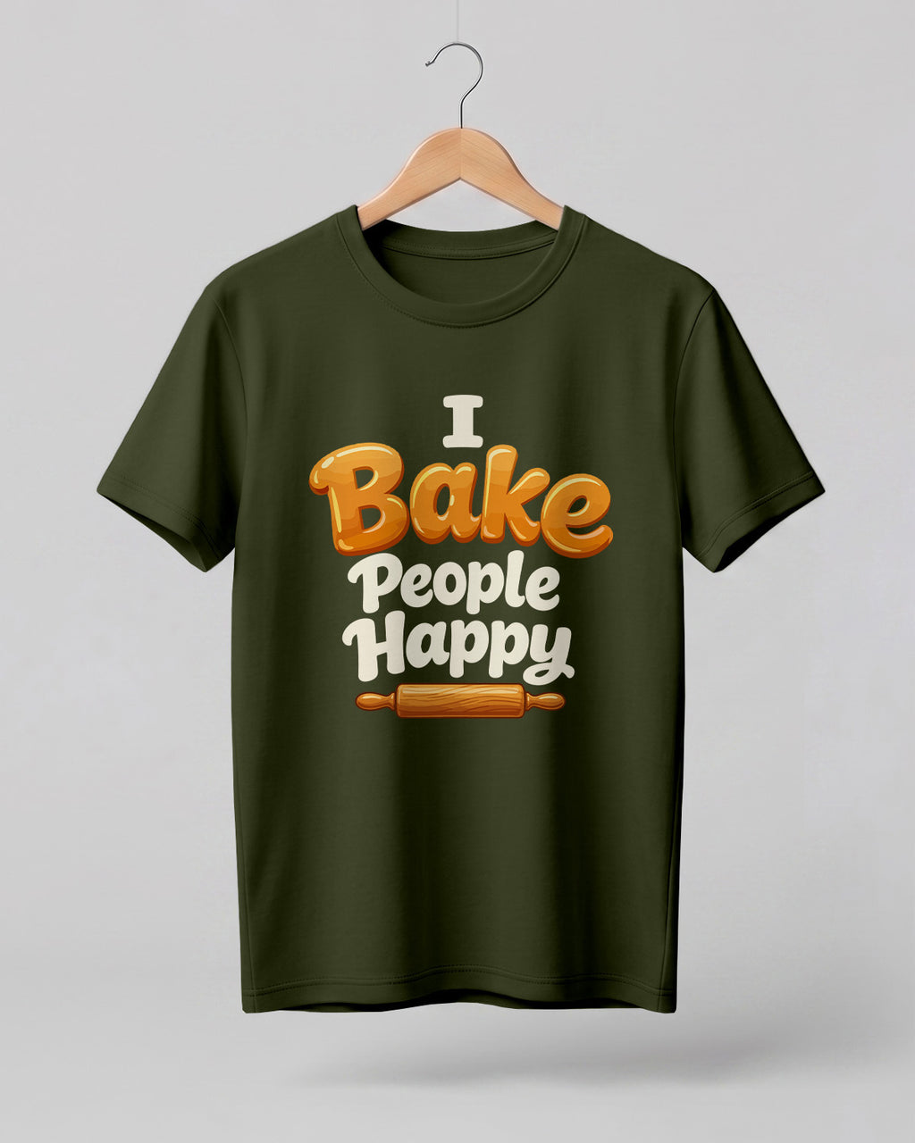 Foodie graphic half sleeve t-shirt featuring “I Bake People Happy” typography with rolling pin illustration printed on premium cotton fabric.