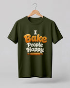 Foodie graphic half sleeve t-shirt featuring “I Bake People Happy” typography with rolling pin illustration printed on premium cotton fabric.