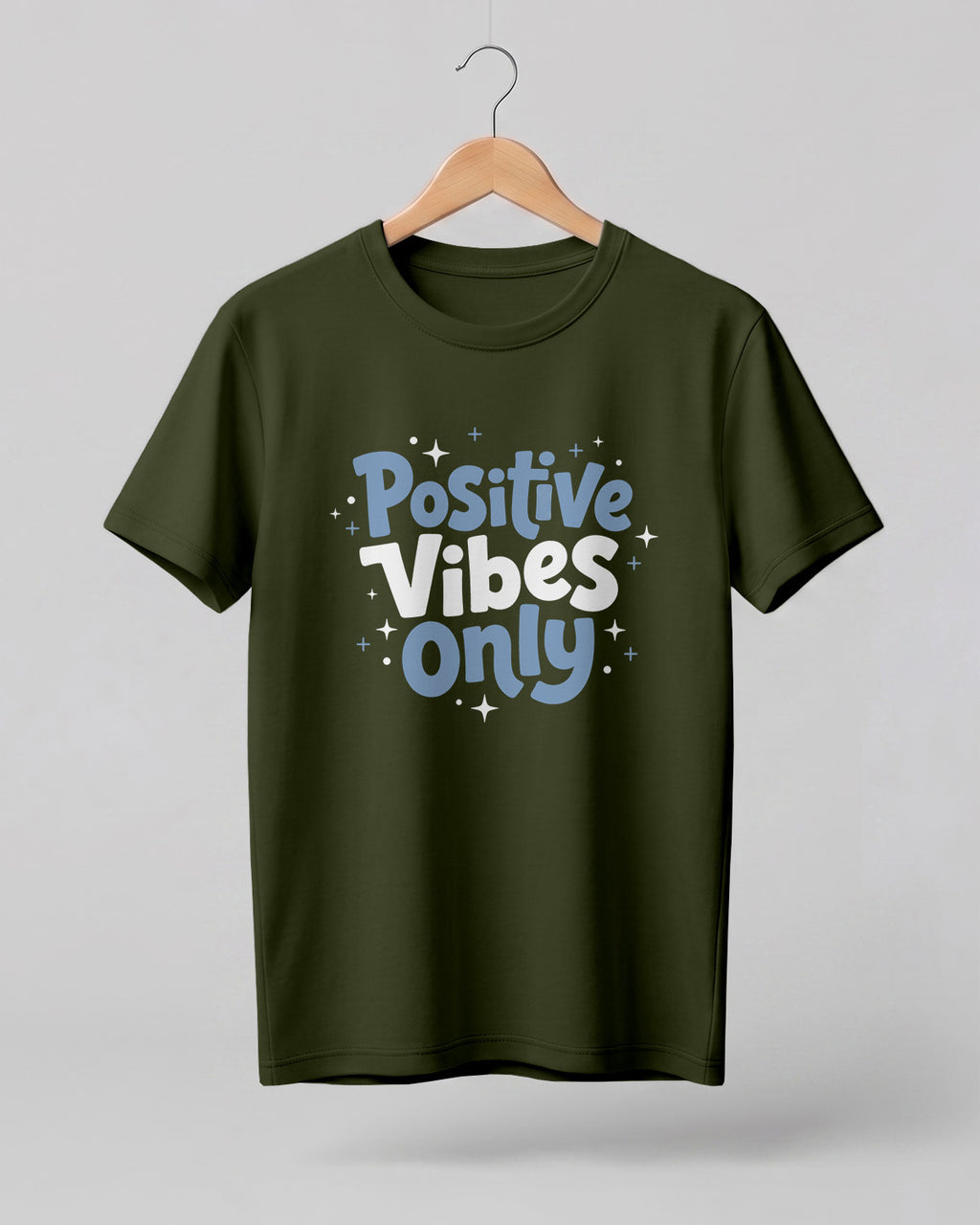 Motivational graphic half sleeve t-shirt featuring Positive Vibes Only typography design on premium cotton fabric.