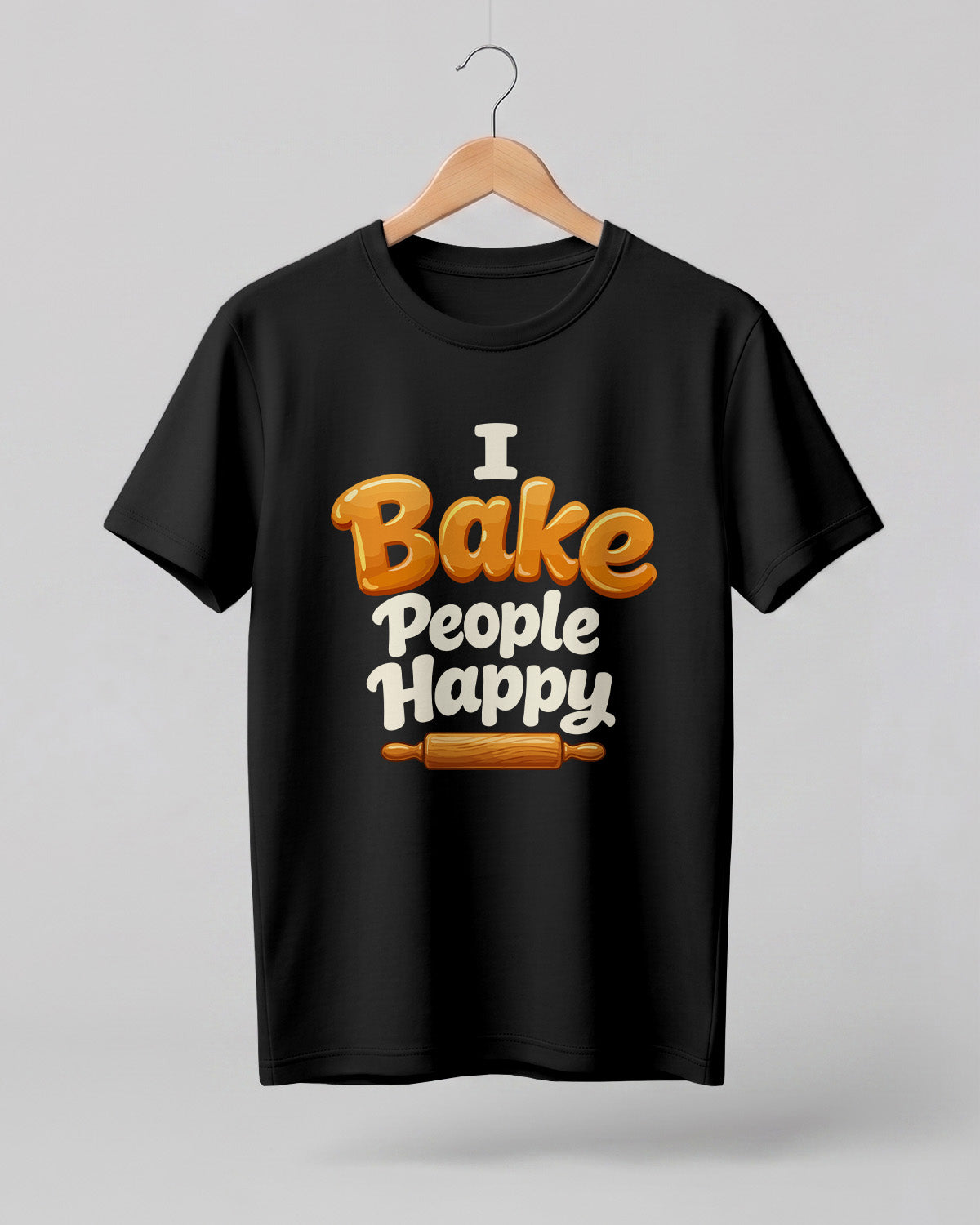 Foodie graphic half sleeve t-shirt featuring “I Bake People Happy” typography with rolling pin illustration printed on premium cotton fabric.