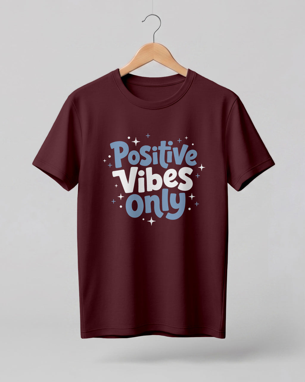 Motivational graphic half sleeve t-shirt featuring Positive Vibes Only typography design on premium cotton fabric.