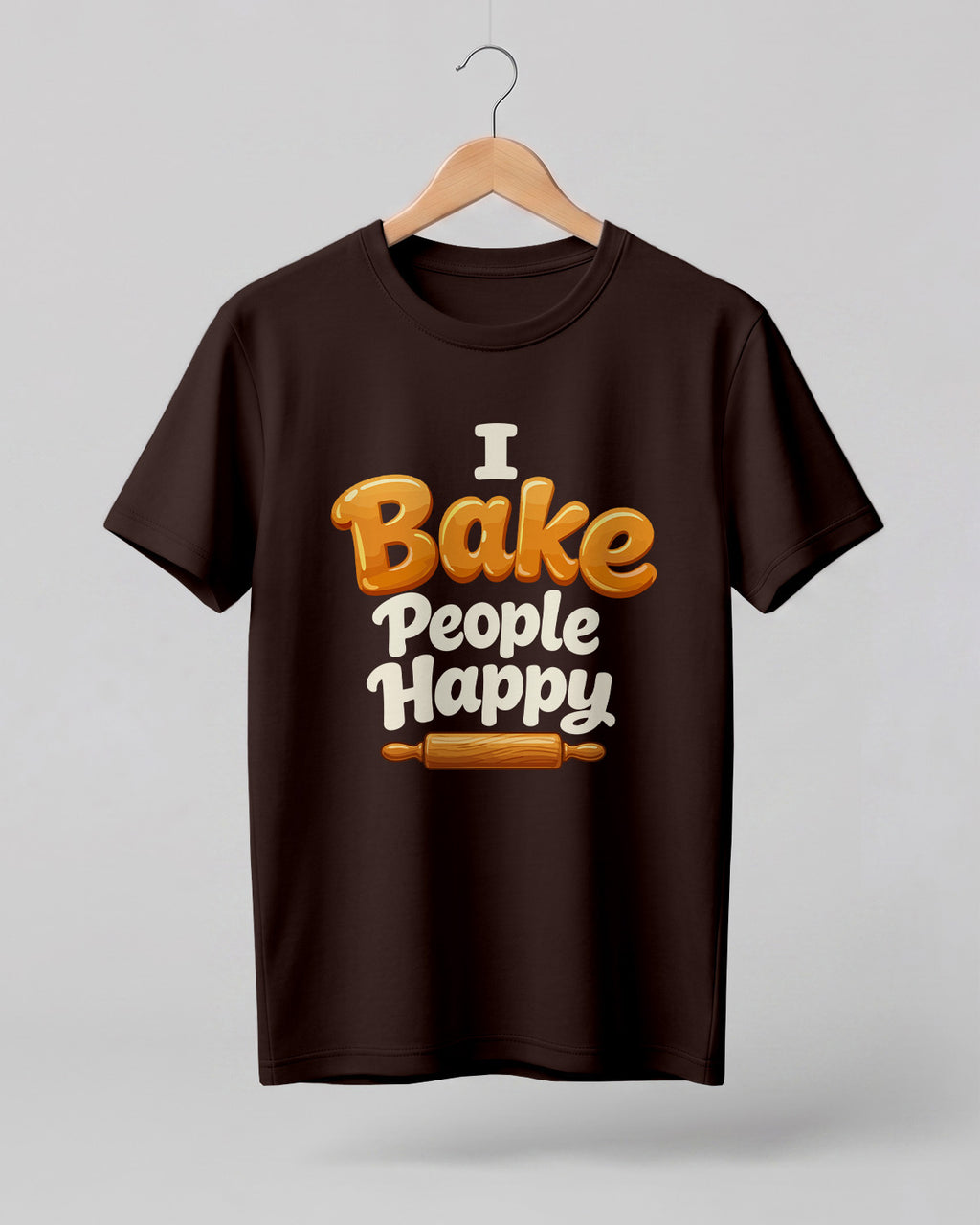 Foodie graphic half sleeve t-shirt featuring “I Bake People Happy” typography with rolling pin illustration printed on premium cotton fabric.