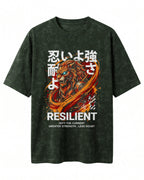 Motivational graphic oversized t-shirt featuring Resilient typography design on premium acid washed cotton fabric