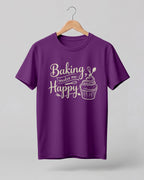 Foodie graphic half sleeve t-shirt featuring “Baking Makes Me Happy” typography with cupcake and whisk illustration printed on premium cotton fabric.