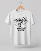 Motivational sports graphic half sleeve t-shirt featuring “Badminton Makes Me Happy” typography with badminton player illustration printed on premium cotton fabric.