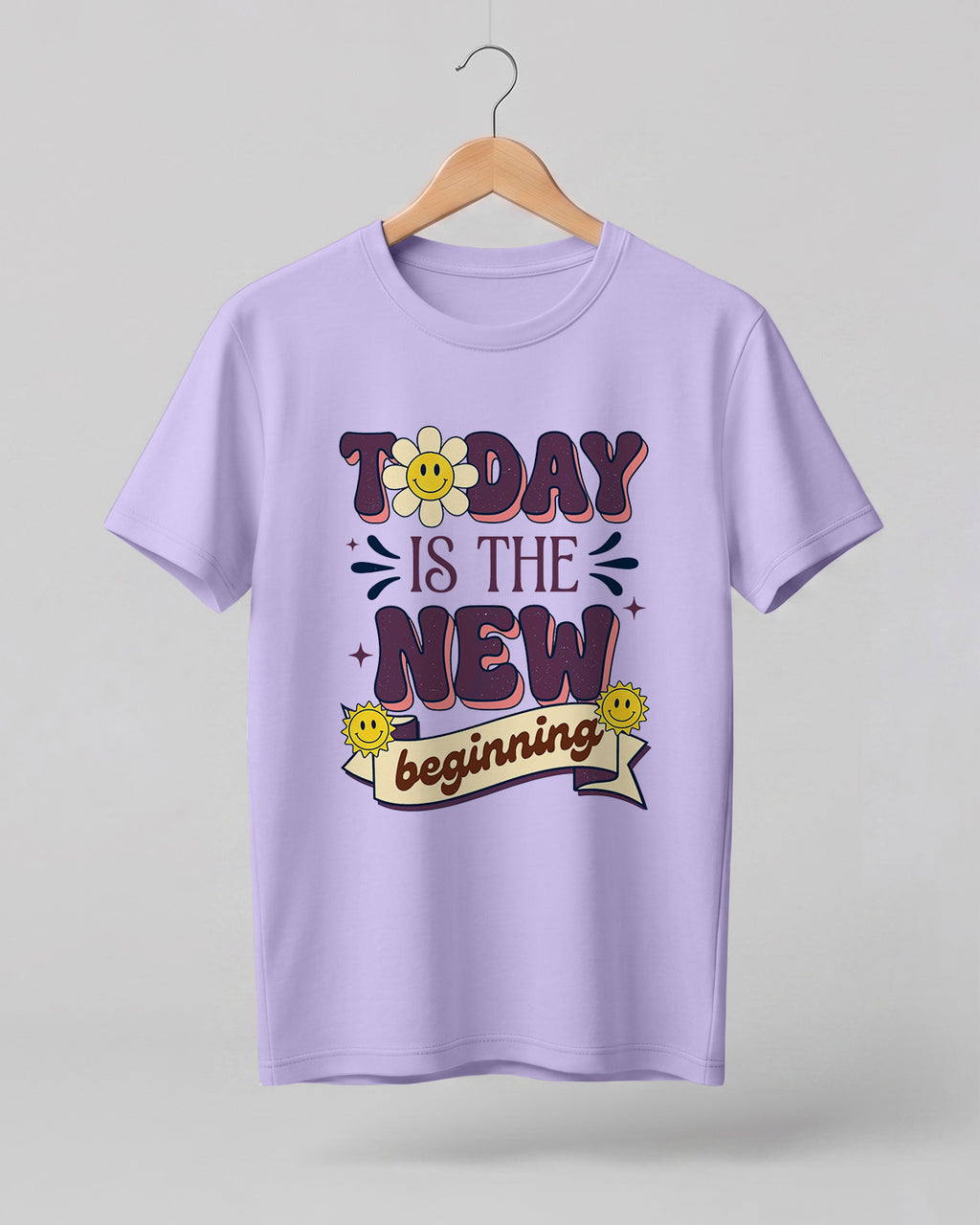 Motivational graphic half sleeve t-shirt featuring Today Is The New Beginning typography design with smiley artwork on premium cotton fabric
