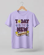 Motivational graphic half sleeve t-shirt featuring Today Is The New Beginning typography design with smiley artwork on premium cotton fabric