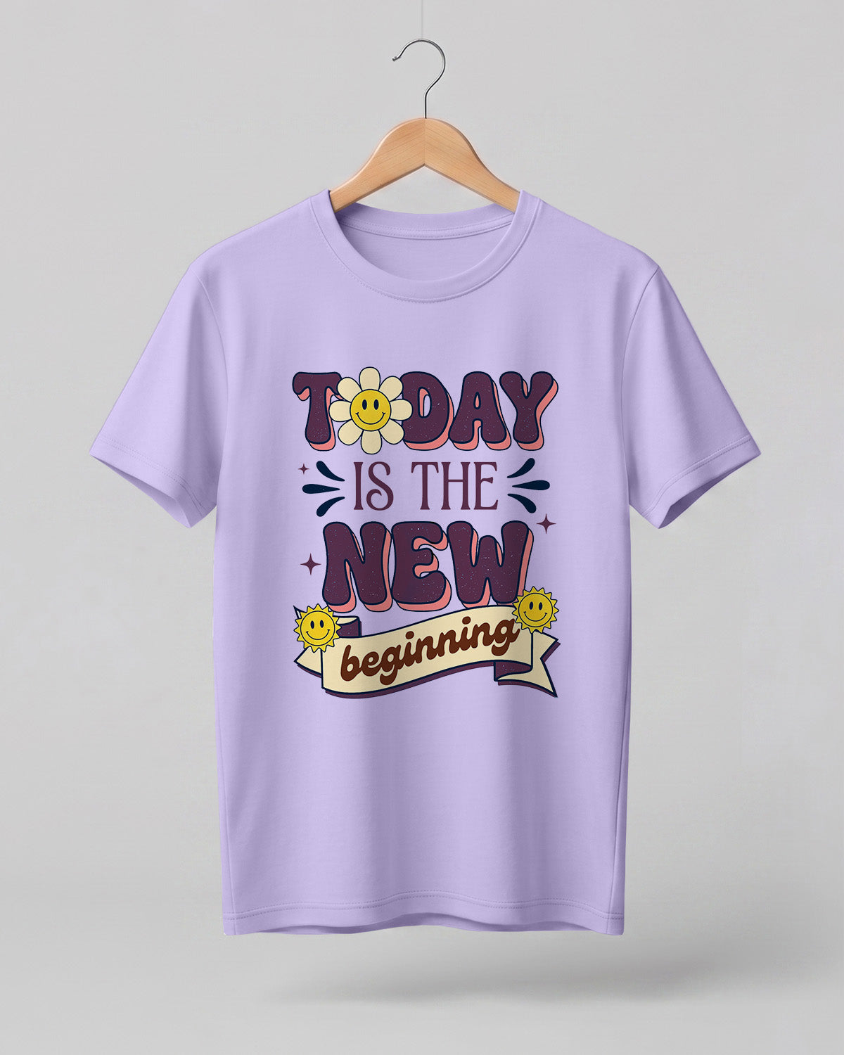 Motivational graphic half sleeve t-shirt featuring Today Is The New Beginning typography design with smiley artwork on premium cotton fabric