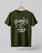 Motivational sports graphic half sleeve t-shirt featuring “Badminton Makes Me Happy” typography with badminton player illustration printed on premium cotton fabric.